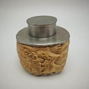 Carved Bamboo Root-Clad Pewter Caddy