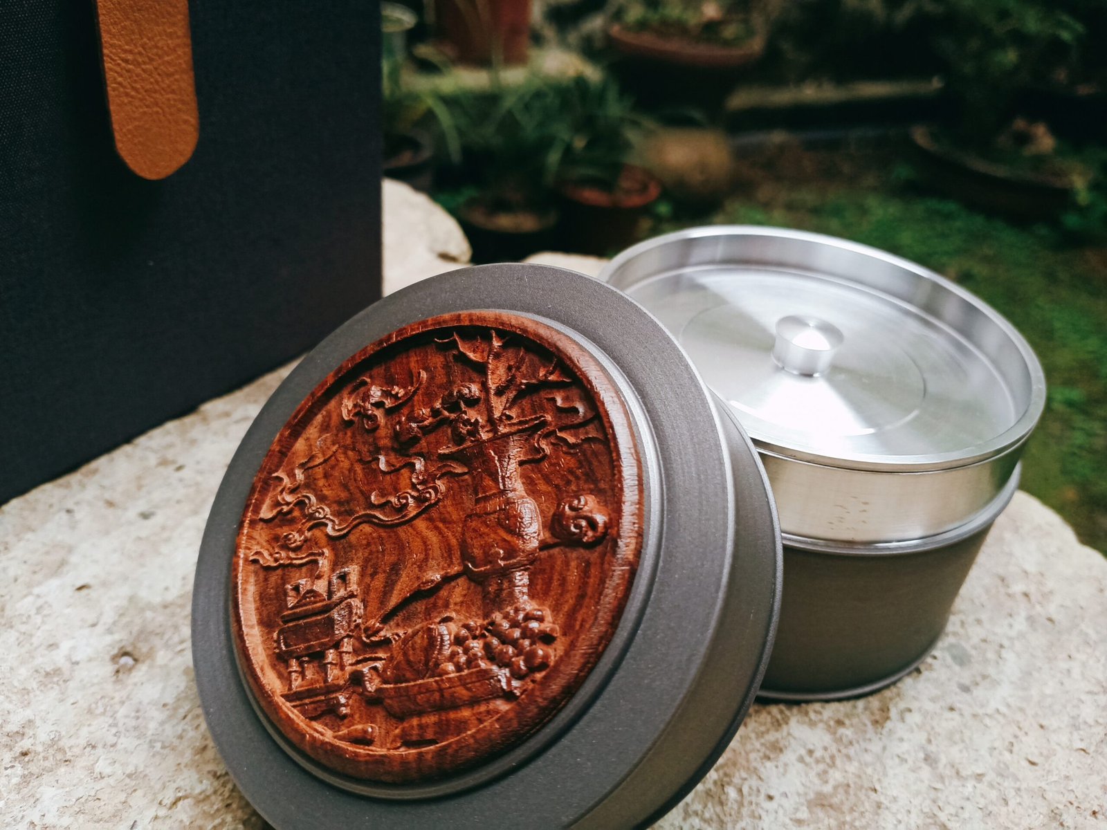 Rosewood Carving Pewter Caddy