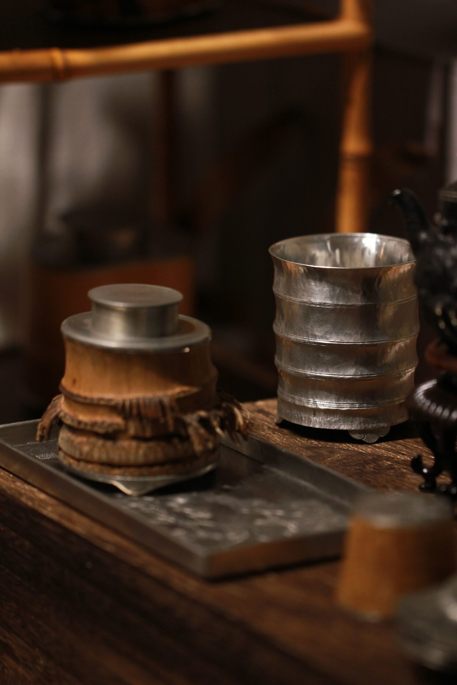 Bamboo Root-Clad Pewter Caddy