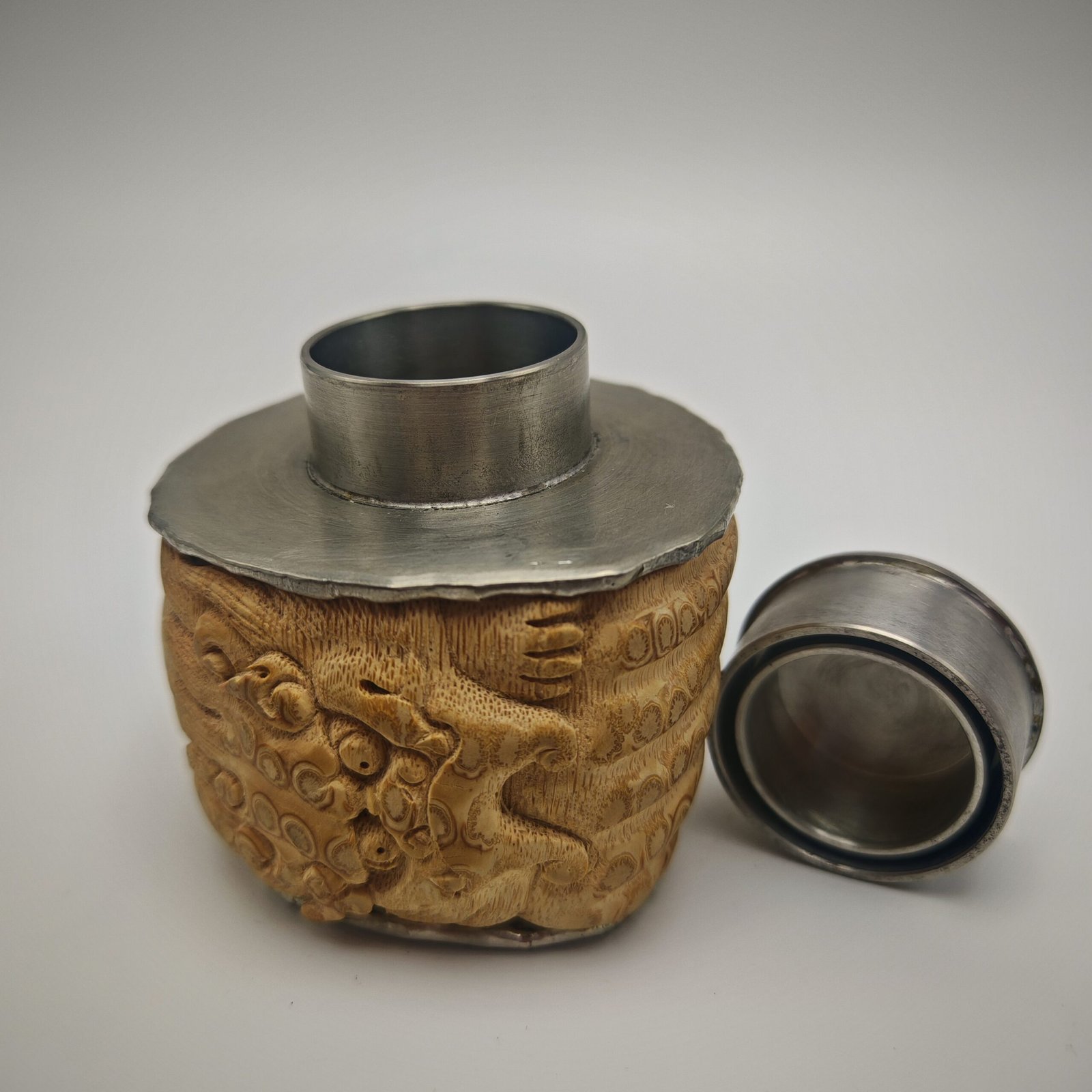 Carved Bamboo Root-Clad Pewter Caddy - Image 4